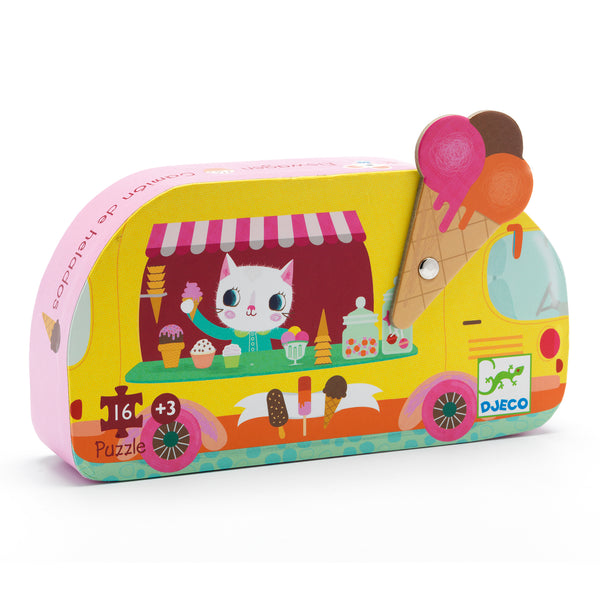 「アイスクリームトラック」という商品です。ネコのアイス屋さんのシルエットがかわいい16pcsのパズル。